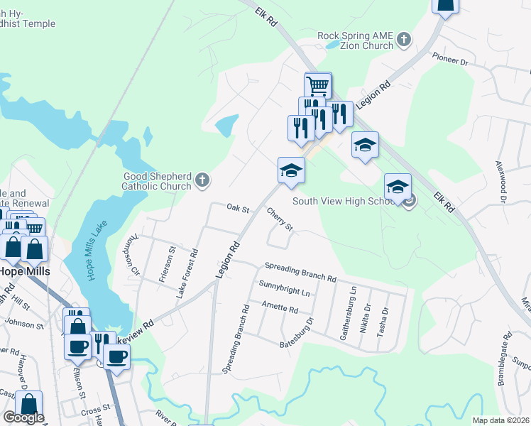 map of restaurants, bars, coffee shops, grocery stores, and more near 3507 Legion Road in Hope Mills