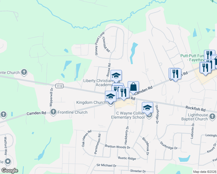 map of restaurants, bars, coffee shops, grocery stores, and more near 3217 Rouse Road in Fayetteville
