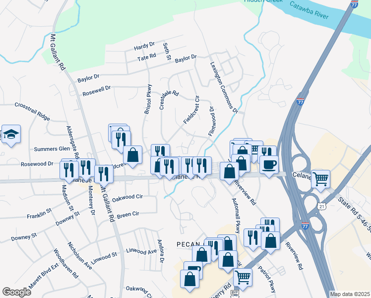 map of restaurants, bars, coffee shops, grocery stores, and more near 1656 Cedarview Court in Rock Hill