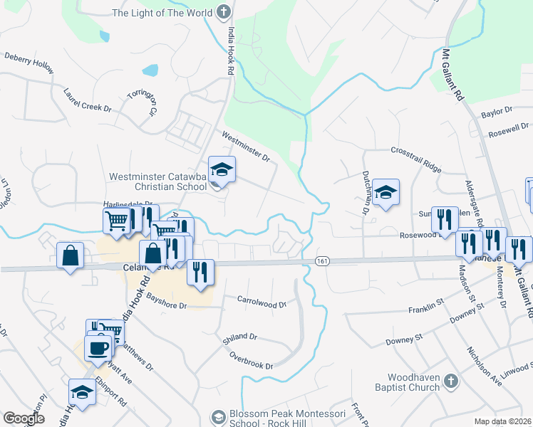 map of restaurants, bars, coffee shops, grocery stores, and more near 2612 Camelot Drive in Rock Hill
