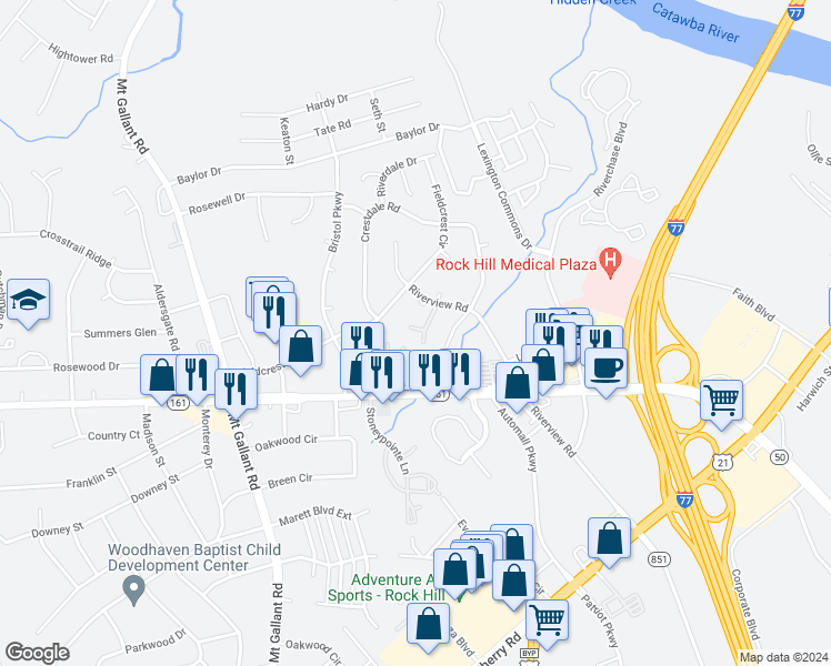 map of restaurants, bars, coffee shops, grocery stores, and more near 1457 Riverwood Court in Rock Hill