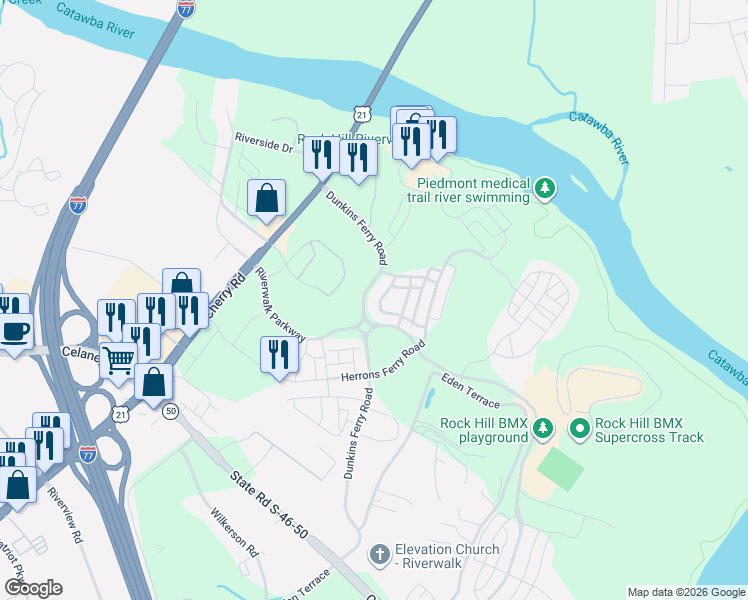 map of restaurants, bars, coffee shops, grocery stores, and more near 736 Waterscape Court in Rock Hill