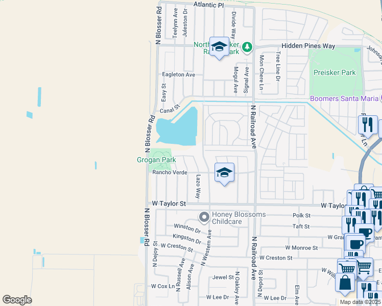 map of restaurants, bars, coffee shops, grocery stores, and more near 1033 Hacienda Way in Santa Maria