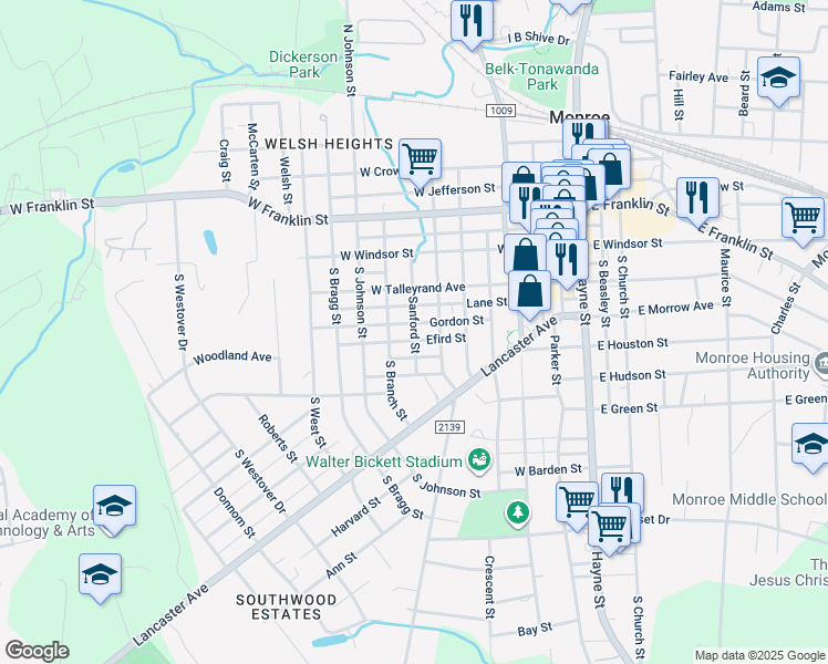 map of restaurants, bars, coffee shops, grocery stores, and more near 404 Sanford Street in Monroe