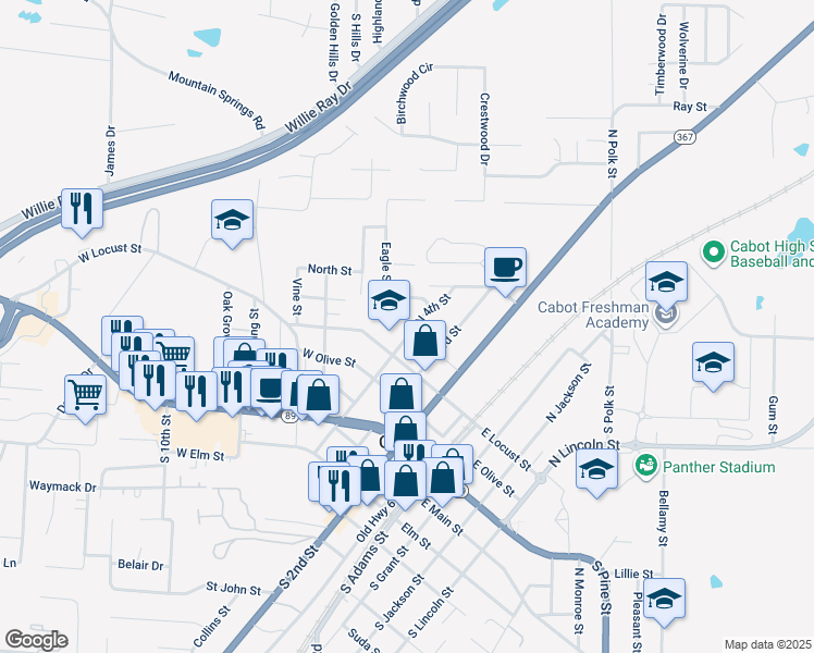 map of restaurants, bars, coffee shops, grocery stores, and more near 410 North 4th Street in Cabot