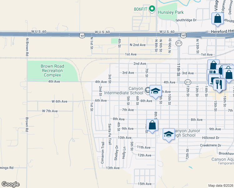 map of restaurants, bars, coffee shops, grocery stores, and more near 501 3rd Street in Canyon