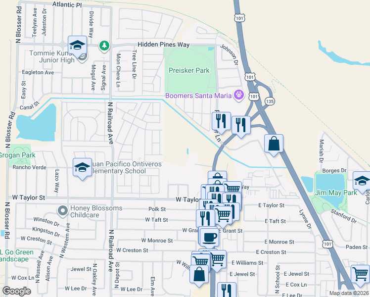 map of restaurants, bars, coffee shops, grocery stores, and more near 2005 North Broadway in Santa Maria