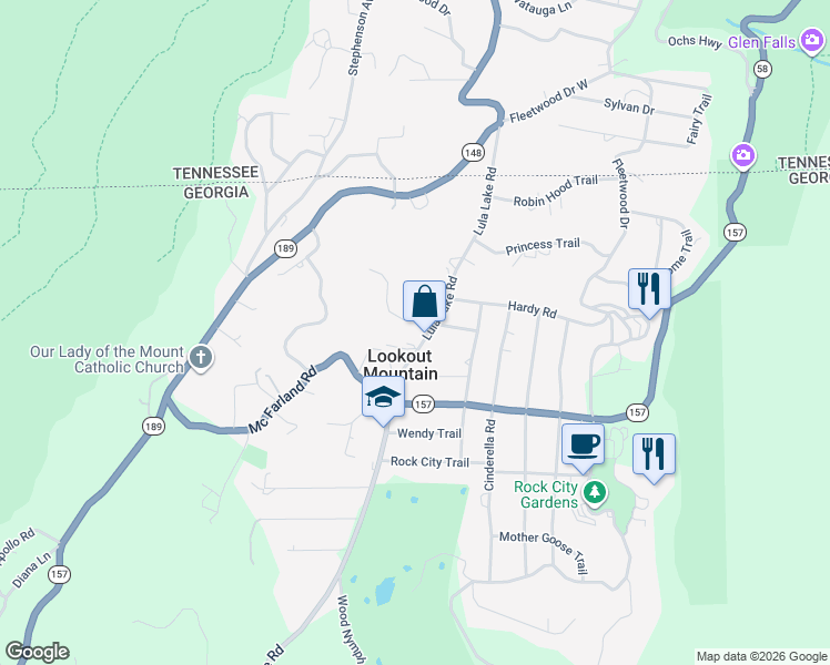 map of restaurants, bars, coffee shops, grocery stores, and more near 1206 Lula Lake Road in Lookout Mountain