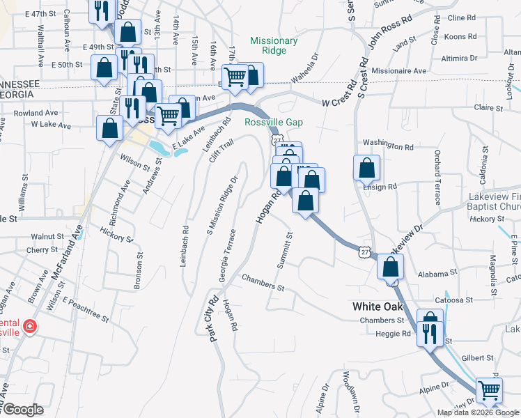 map of restaurants, bars, coffee shops, grocery stores, and more near 117 Hogan Road in Rossville