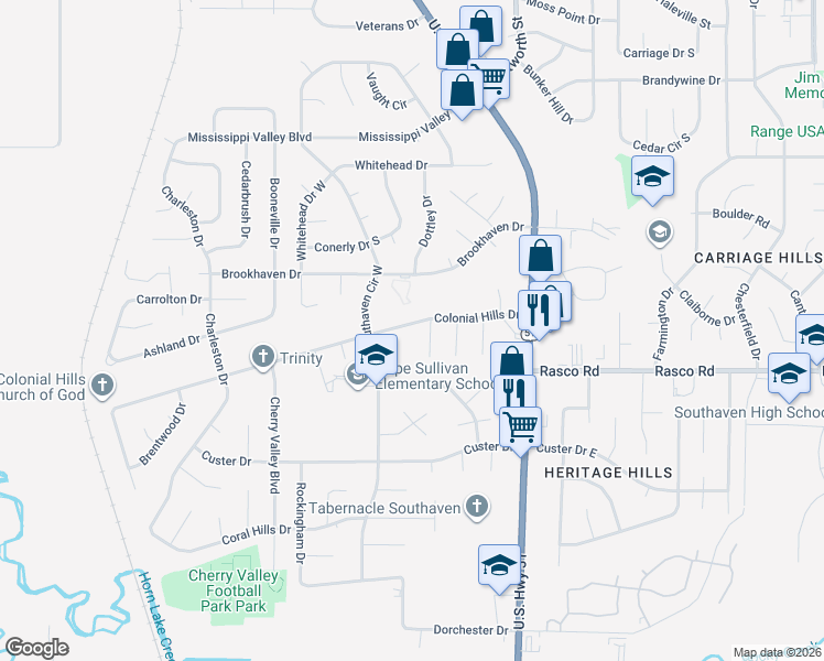 map of restaurants, bars, coffee shops, grocery stores, and more near 1775 Colonial Hills Drive in Southaven