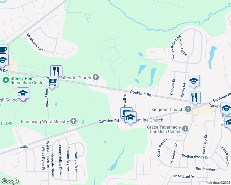 map of restaurants, bars, coffee shops, grocery stores, and more near 6951 Rockfish Road in Fayetteville