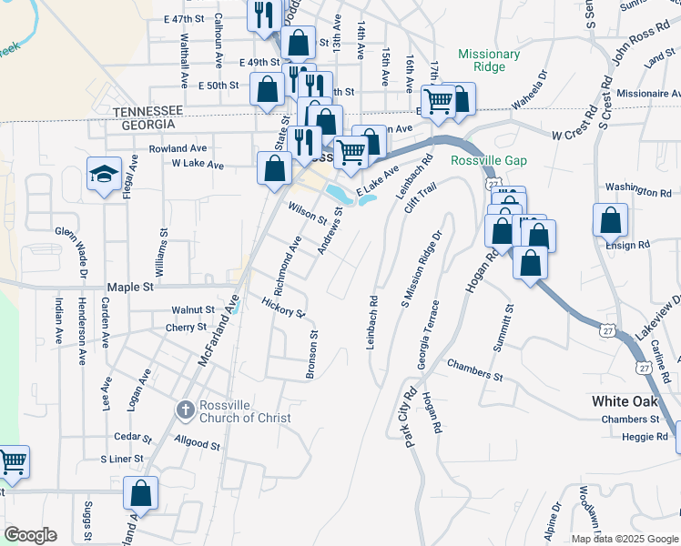 map of restaurants, bars, coffee shops, grocery stores, and more near 402 Missionary Avenue in Rossville