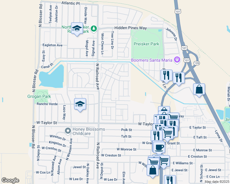 map of restaurants, bars, coffee shops, grocery stores, and more near 519 West Taylor Street in Santa Maria