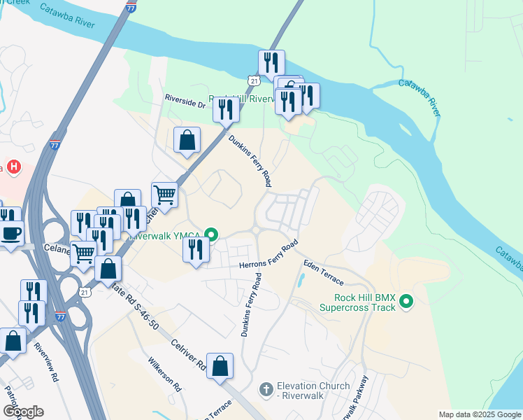 map of restaurants, bars, coffee shops, grocery stores, and more near 734 Waterscape Court in Rock Hill