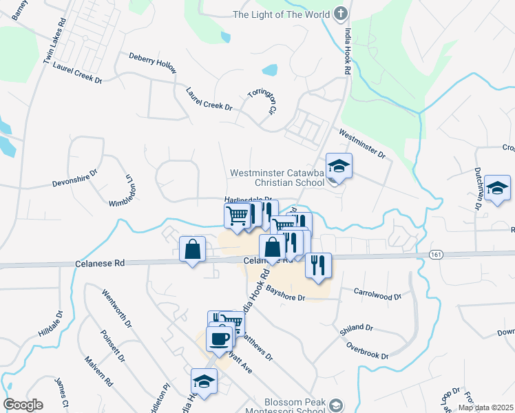 map of restaurants, bars, coffee shops, grocery stores, and more near 2758 Harlinsdale Drive in Rock Hill