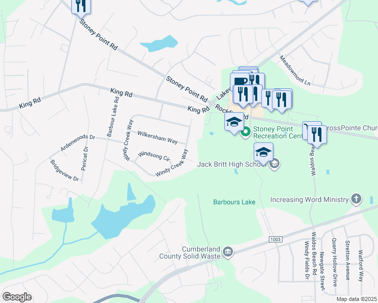 map of restaurants, bars, coffee shops, grocery stores, and more near 6556 Windy Creek Way in Fayetteville