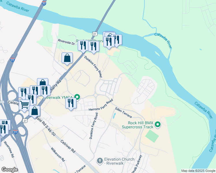 map of restaurants, bars, coffee shops, grocery stores, and more near Mariemont Way in Rock Hill