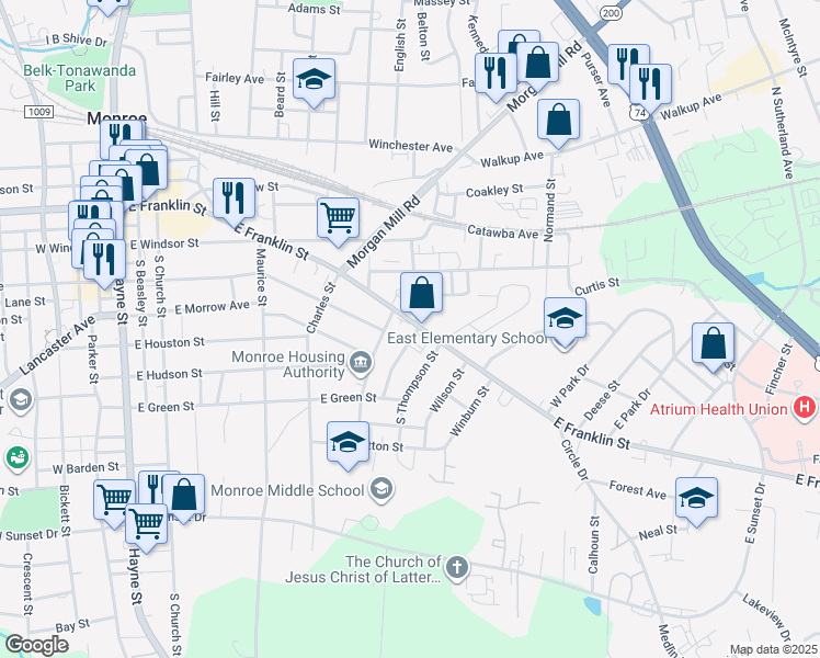 map of restaurants, bars, coffee shops, grocery stores, and more near 610 East Franklin Street in Monroe