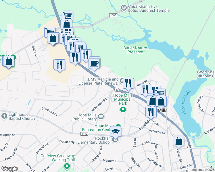 map of restaurants, bars, coffee shops, grocery stores, and more near 3212 North Main Street in Hope Mills