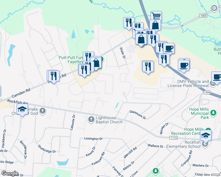 map of restaurants, bars, coffee shops, grocery stores, and more near 3528 Castlefield Lane in Fayetteville
