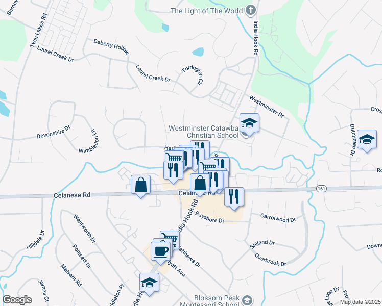 map of restaurants, bars, coffee shops, grocery stores, and more near 2758 Harlinsdale Drive in Rock Hill