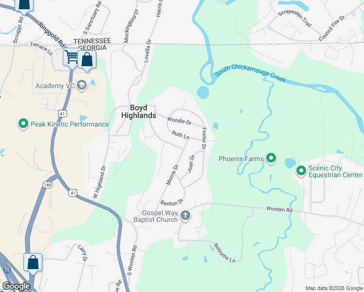 map of restaurants, bars, coffee shops, grocery stores, and more near 633 Stanley Drive in Ringgold