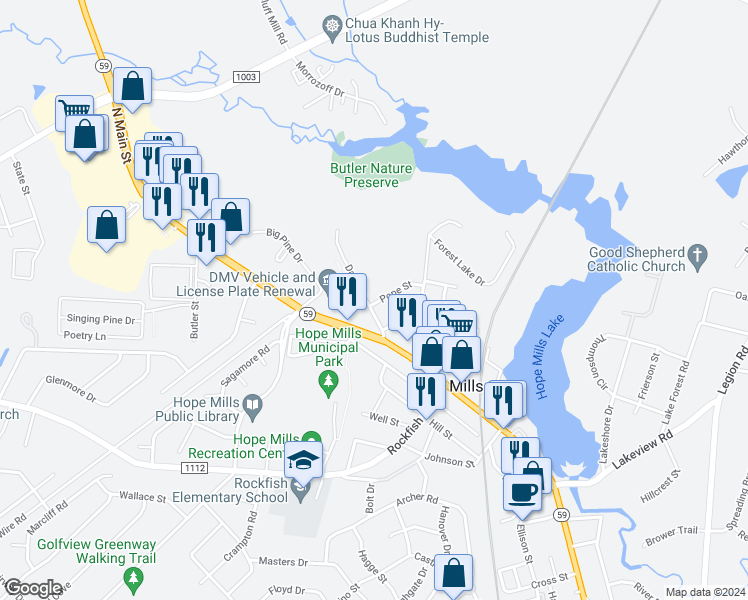 map of restaurants, bars, coffee shops, grocery stores, and more near 3317 Davis Street in Hope Mills