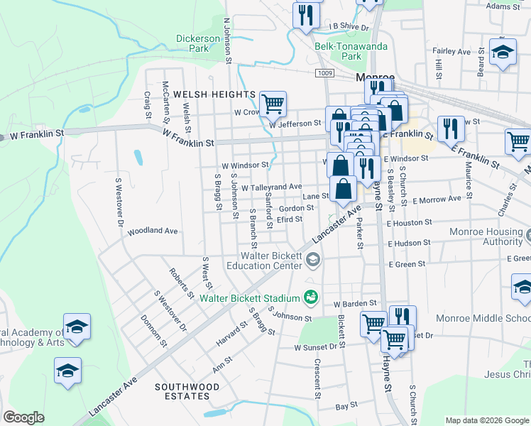map of restaurants, bars, coffee shops, grocery stores, and more near 404 Sanford Street in Monroe