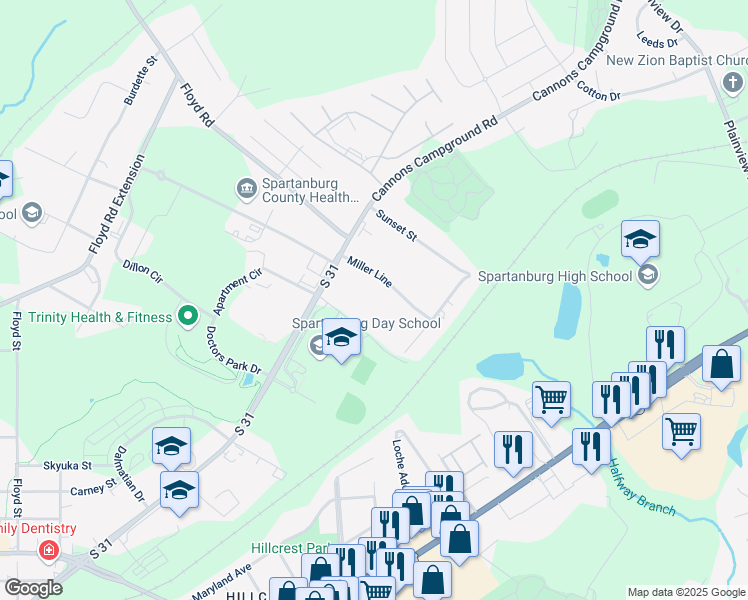map of restaurants, bars, coffee shops, grocery stores, and more near 1703 Skylyn Drive in Spartanburg