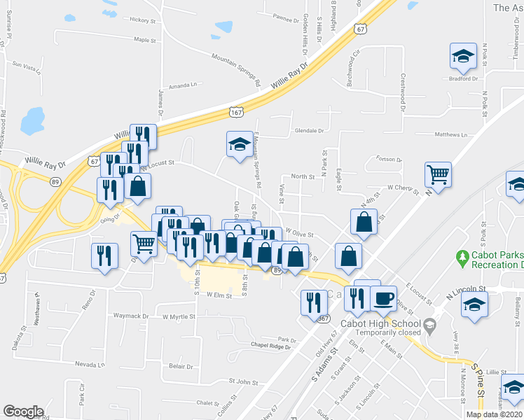 map of restaurants, bars, coffee shops, grocery stores, and more near 24 Spring Street in Cabot