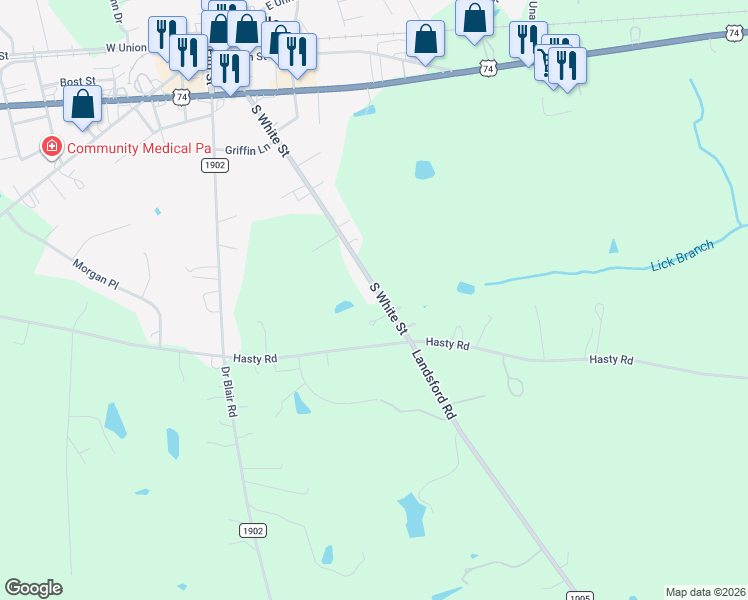map of restaurants, bars, coffee shops, grocery stores, and more near 604 South White Street in Marshville
