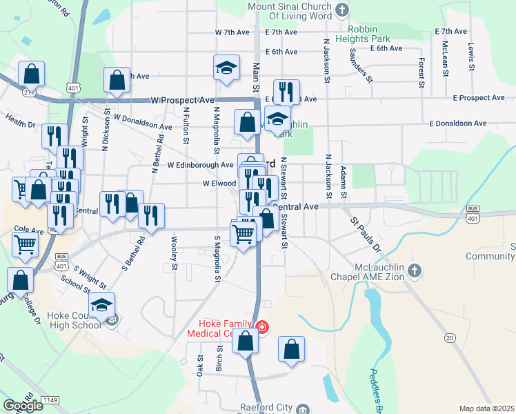 map of restaurants, bars, coffee shops, grocery stores, and more near Main Street in Raeford