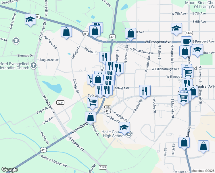 map of restaurants, bars, coffee shops, grocery stores, and more near in Raeford