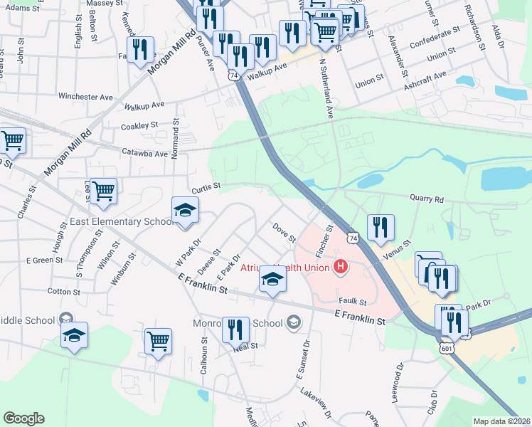 map of restaurants, bars, coffee shops, grocery stores, and more near 503 East Park Drive in Monroe