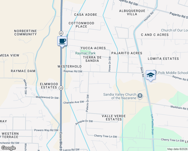 map of restaurants, bars, coffee shops, grocery stores, and more near 2614 Raymac Road Southwest in Albuquerque