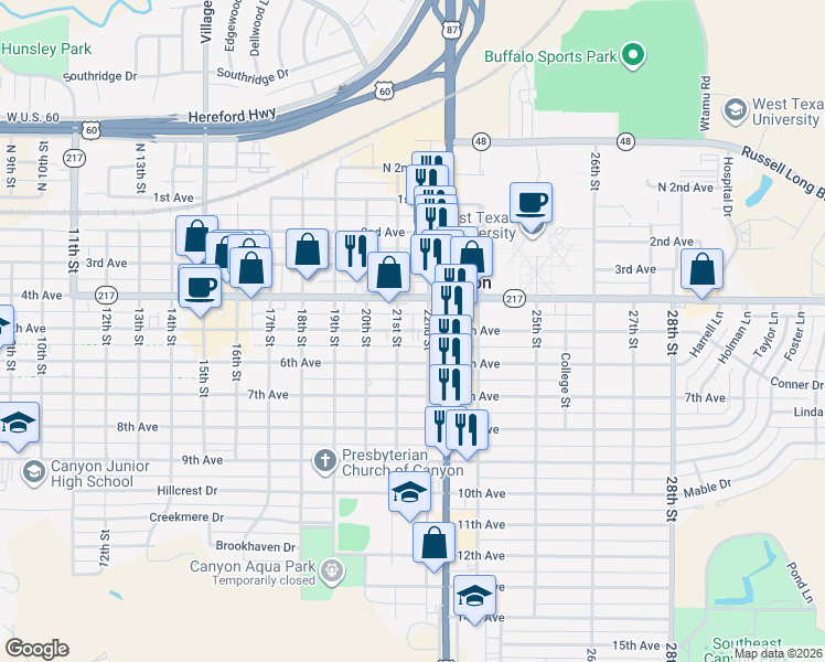 map of restaurants, bars, coffee shops, grocery stores, and more near 5th Avenue in Canyon