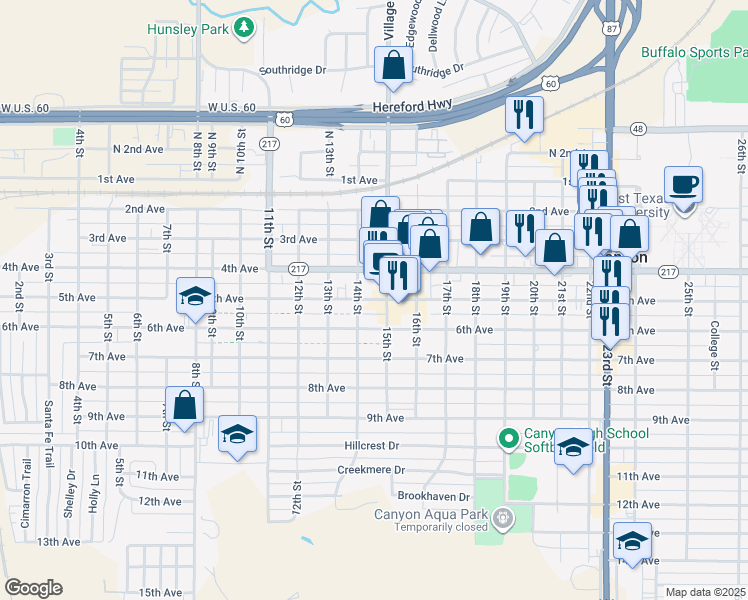 map of restaurants, bars, coffee shops, grocery stores, and more near 1410 5th Avenue in Canyon