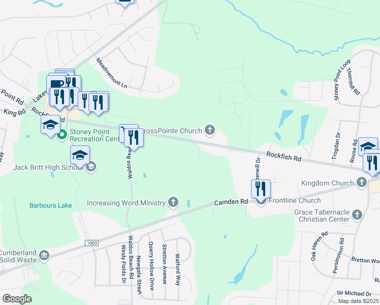map of restaurants, bars, coffee shops, grocery stores, and more near 7041 Rockfish Road in Fayetteville