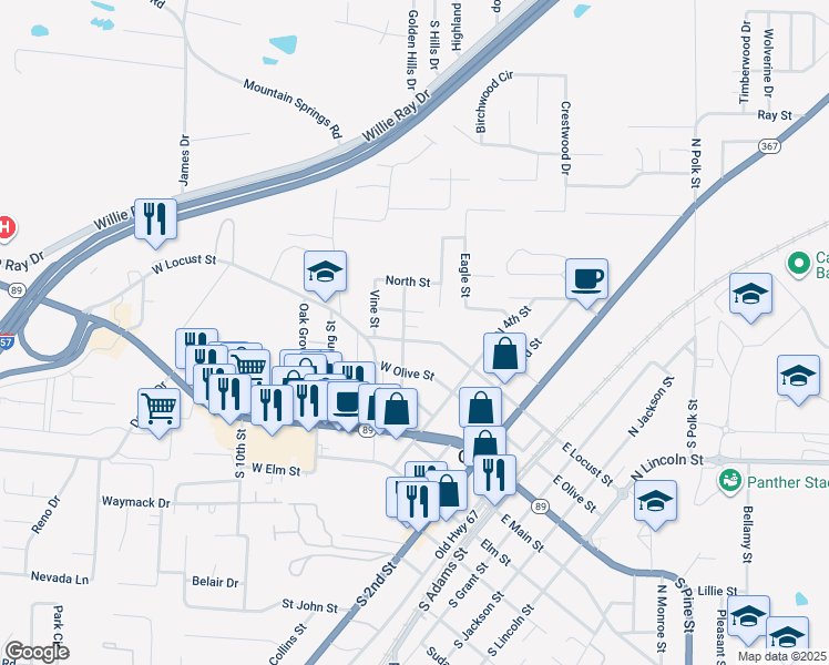 map of restaurants, bars, coffee shops, grocery stores, and more near 427 West Locust Street in Cabot