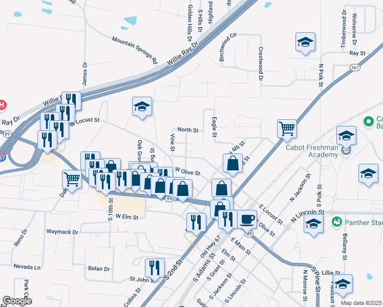 map of restaurants, bars, coffee shops, grocery stores, and more near 427 West Locust Street in Cabot