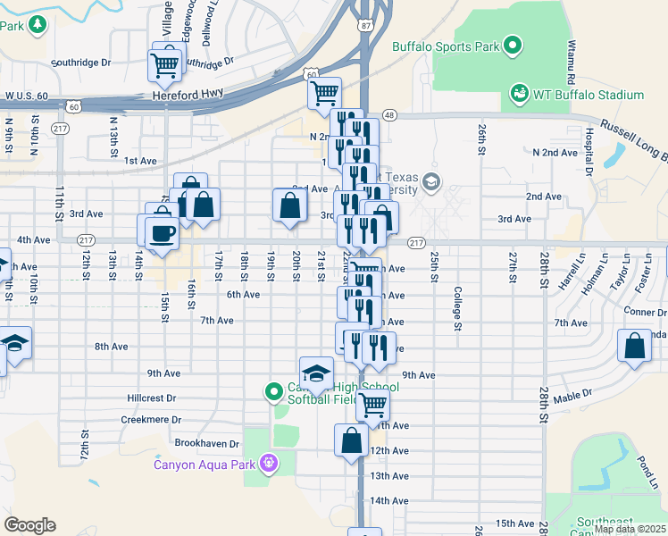 map of restaurants, bars, coffee shops, grocery stores, and more near 5th Avenue in Canyon