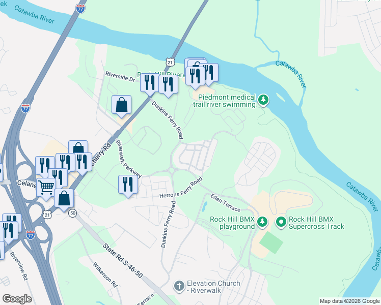 map of restaurants, bars, coffee shops, grocery stores, and more near 329 Mariemont Way in Rock Hill