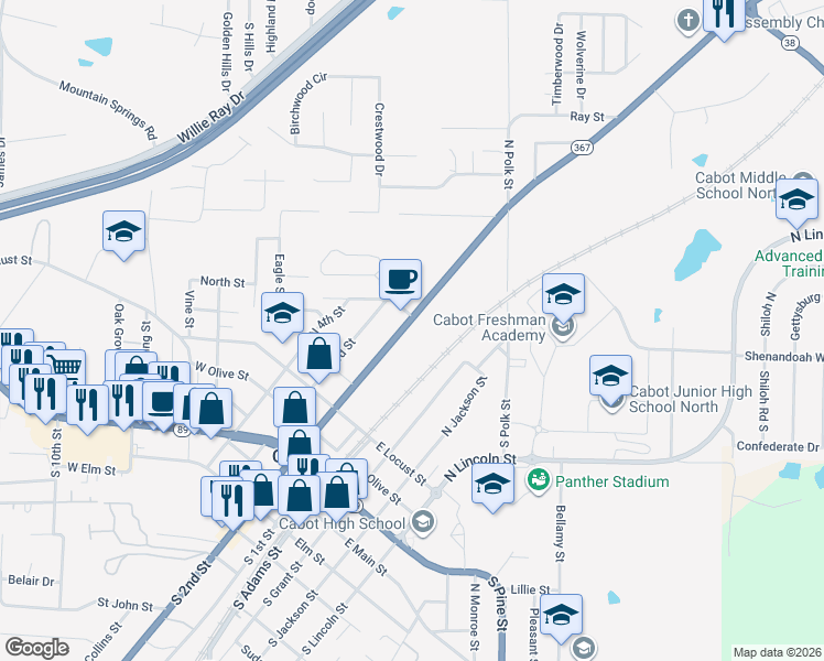 map of restaurants, bars, coffee shops, grocery stores, and more near 707 North 2nd Street in Cabot