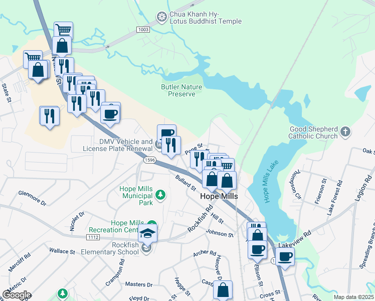 map of restaurants, bars, coffee shops, grocery stores, and more near 3317 Davis Street in Hope Mills