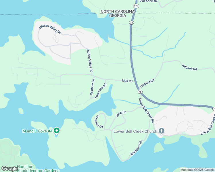 map of restaurants, bars, coffee shops, grocery stores, and more near 2176 Pine Lake Road in Hiawassee