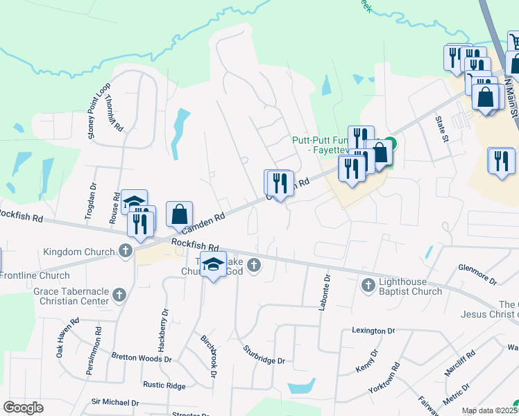 map of restaurants, bars, coffee shops, grocery stores, and more near 3429 Walterboro Drive in Hope Mills