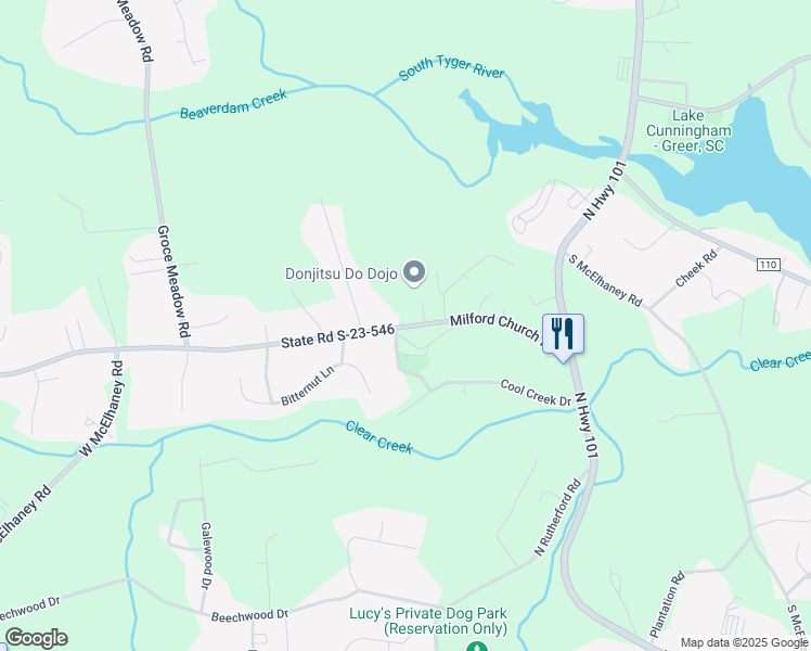 map of restaurants, bars, coffee shops, grocery stores, and more near 1283 Milford Church Road in Greer