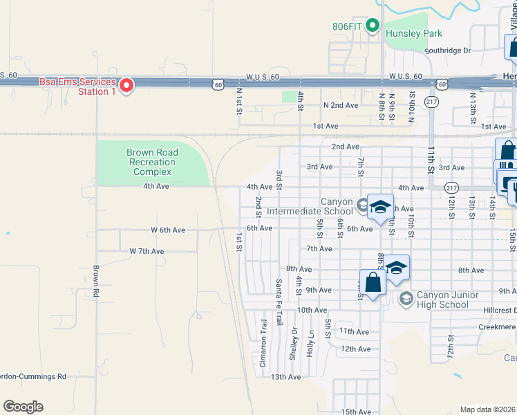 map of restaurants, bars, coffee shops, grocery stores, and more near 2nd Street in Canyon