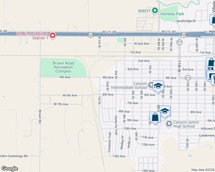 map of restaurants, bars, coffee shops, grocery stores, and more near 2nd Street in Canyon