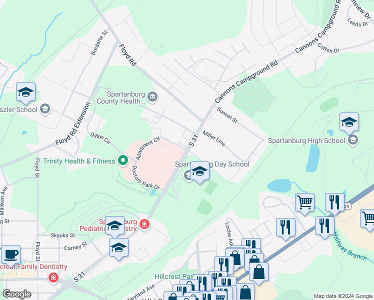map of restaurants, bars, coffee shops, grocery stores, and more near 1 Doctors Park Drive in Spartanburg